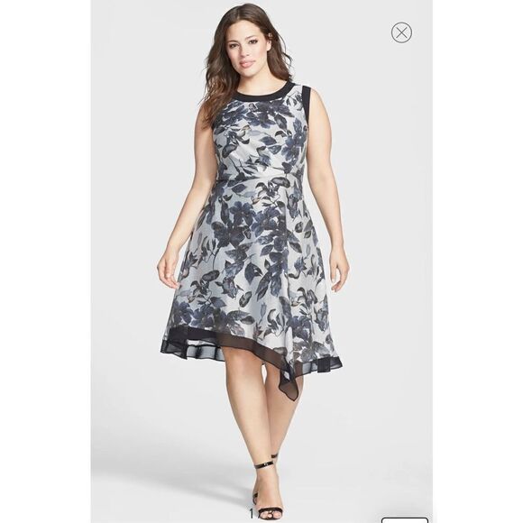Adrianna‎ Papell Contrast Trim Print Black and Gray Sleeveless Dress 20W - Picture 1 of 7